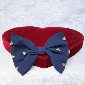 Fabric Bow Barrette French Clip Navy Blue With Brass Studs